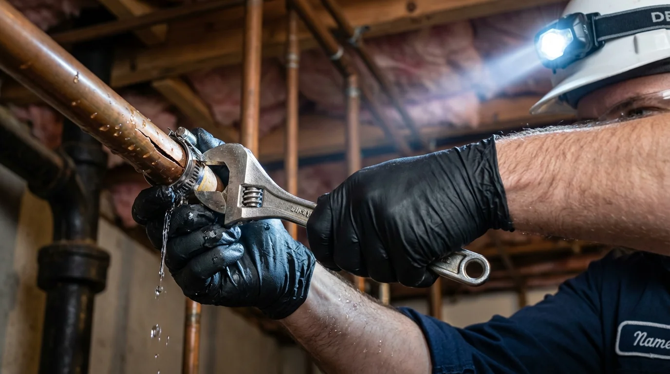Emergency pipe clamp repair being performed by a Johns Plumbing LLC plumber in Elephant Butte