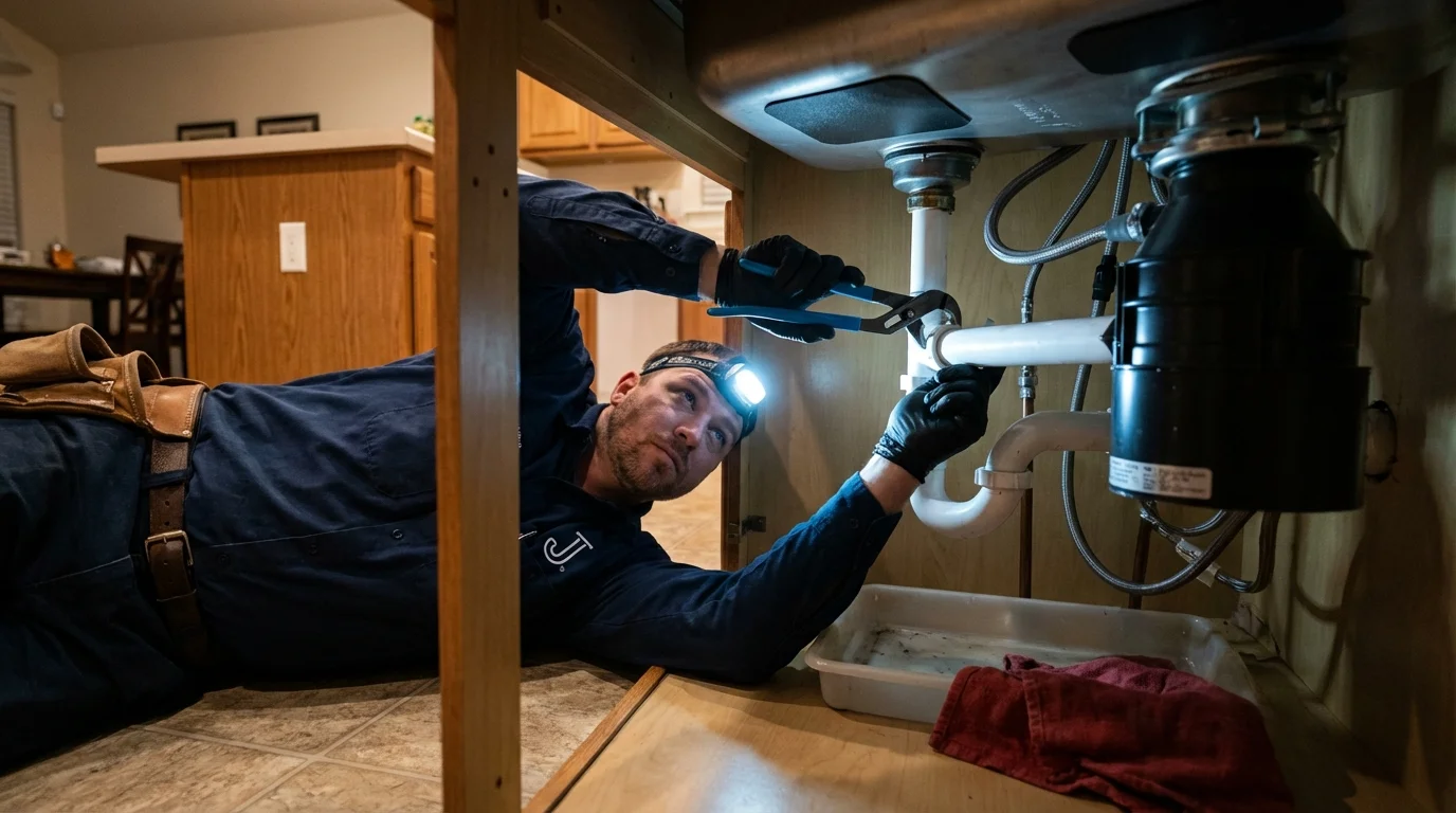 P-trap and supply line connections under a kitchen sink showing a common leak point in Elephant Butte, NM